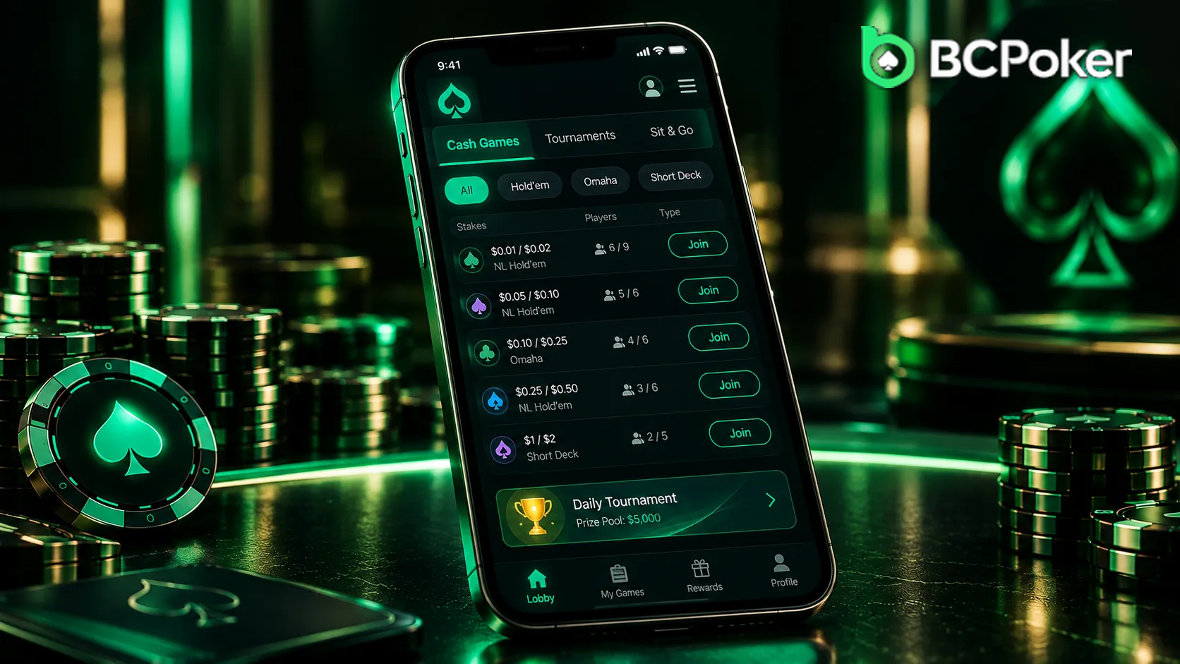 BCPoker mobile lobby table selection